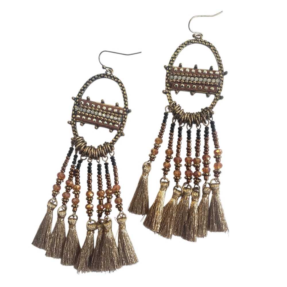 BRONZE & GOLDEN BEADED TASSEL FAUX RHINESTONE BOHO CHIC BOHEMIAN FESTIVAL EARRIN - Picture 3 of 13